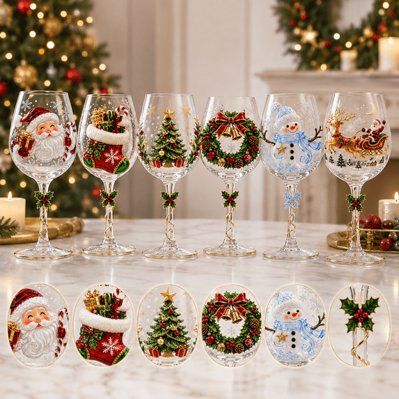 Christmas 3D Wine Glass Collection Gift Box Set, Decorative Raised Christmas Wine Glass with Snowflake Stem, Santa Tree Wreath Snowman Reindeer Holiday Drinkware and Table Decor