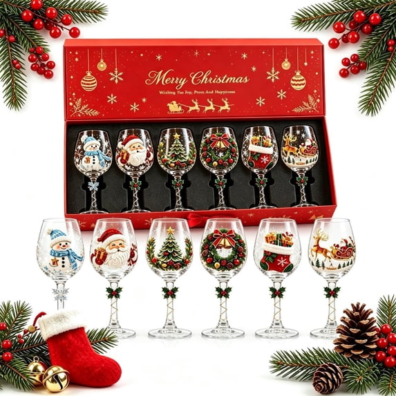 Wine Box Pack Christmas 3D Wine Glass Collection Gift Box Set, Raised Holiday Goblet ...