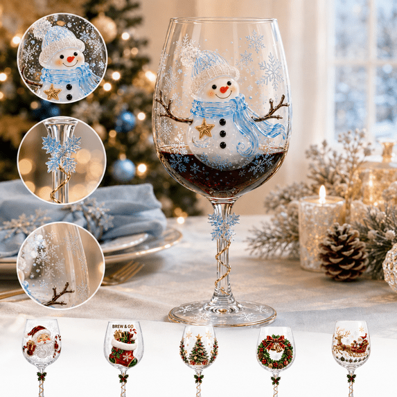 Christmas 3D Wine Glass Collection Gift Box Set, Raised Holiday Wine Glass with Santa Snowman Tree Wreath Stocking Reindeer Designs, Festive Drinkware for Christmas Parties