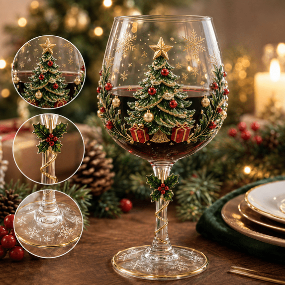 Christmas 3D Wine Glass Collection Gift Box Set, Raised Holiday Wine Glass with Santa Snowman Tree Wreath Stocking Reindeer Designs, Festive Drinkware for Christmas Parties