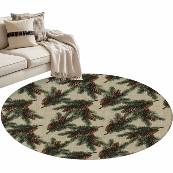 Christmas 3ft Area Rug, Xmas Pine Cones Botanical Rustic Washable Non-Slip Small Round Rugs for Entryway Bedroom Kitchen, Soft Circle Carpet for Dining Room, Playroom Nursery Rug