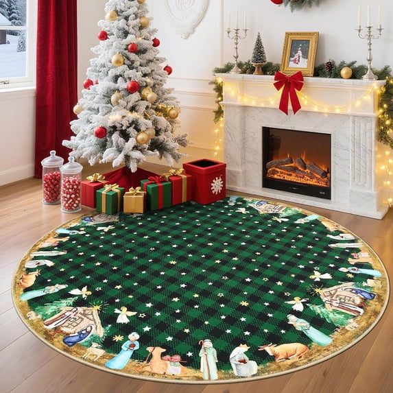 Christmas 3ft Round Area Rug Washable Winter Holiday Rugs for Living Room Xmas Bedroom Carpet with Non Slip Backing Festival Decorative Floor Cover for Nursery Playroom, Green