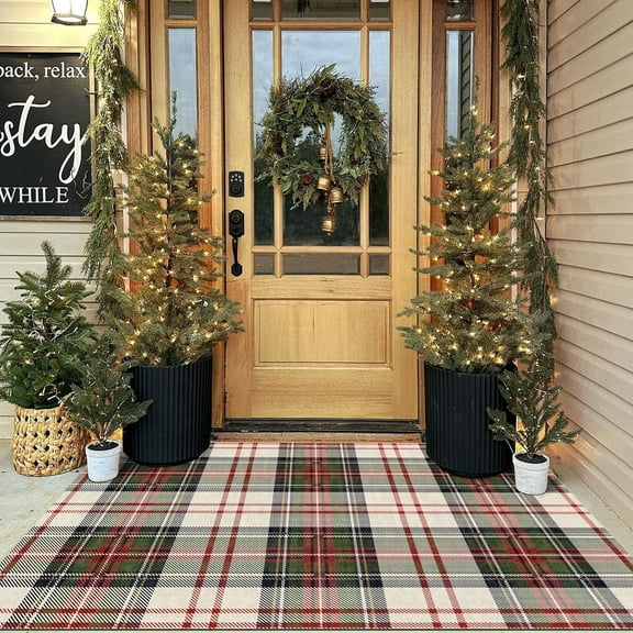 Christmas 3x5 Entry Rug - Small Washable Indoor Outdoor Mats for Front Door Non-Slip Porch Rug Holiday Tartan Plaid Throw Rugs for Living Room Bedroom Entryway Kitchen Office Porch Decor
