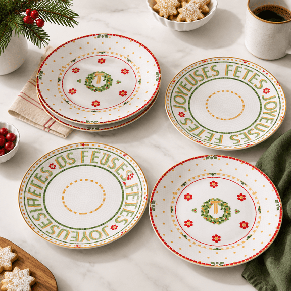 Christmas 4-Piece Stoneware Dessert Plates, Festive Holiday Tableware Set