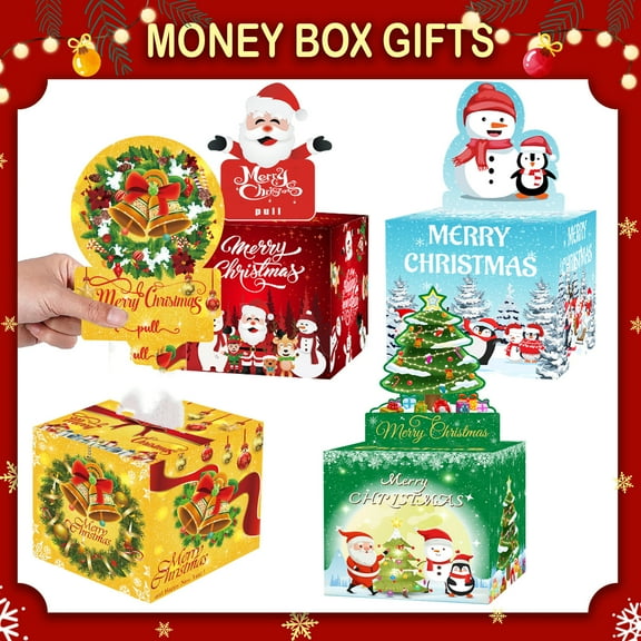 Christmas 4-Set Assorted Styles Surprise Money Gift Box Decoration Indoor Reusable Cardboard Boxes with 6-8 Colorful Drawstrings Perfect for Party Gift Exchanges Kids Adults Holiday Presents
