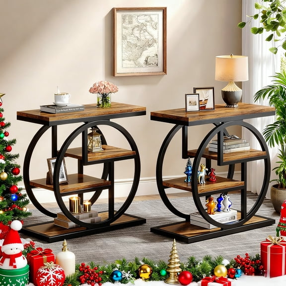 Christmas 4 Tier Narrow End Table Set Of 2, Metal Frame Side Table With Storage Shelves Multipurpose Accent Table For Living Room, Bedroom, Rustic Brown