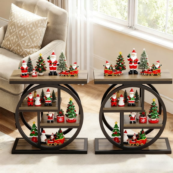Christmas 4 Tier Narrow End Table Set Of 2, Metal Frame Side Table With Storage Shelves Multipurpose Accent Table For Living Room, Bedroom, Grey