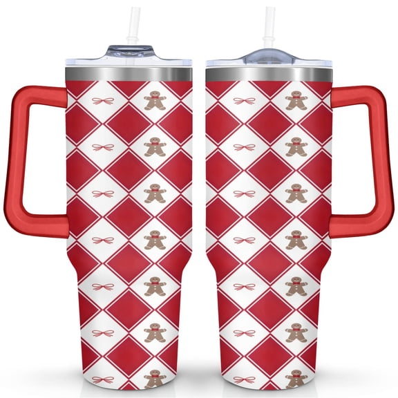Christmas 40 OZ Coffee Tumble with Handle Double Wall Travel Coffee Mugs Gingerbread Man, Diamond Pattern, Bow Tumbler for Holiday Accessories Cup for Fathers Husband Mothers