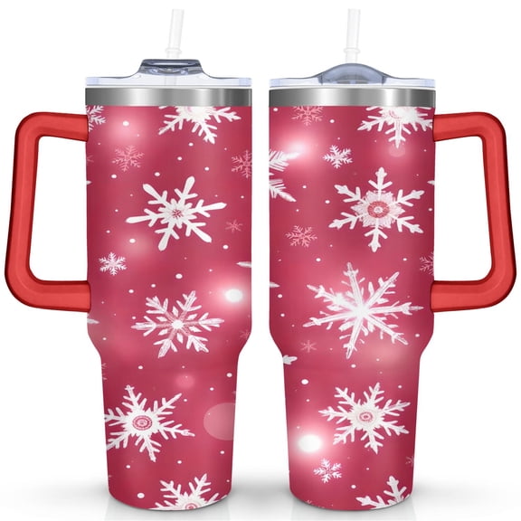 Christmas 40 OZ Coffee Tumble with Handle Insulated Leakproof Travel Coffee Mugs Red, White Snowflakes Cafe Tumblers for Spring Summer Cup for Outdoor Sports Wedding