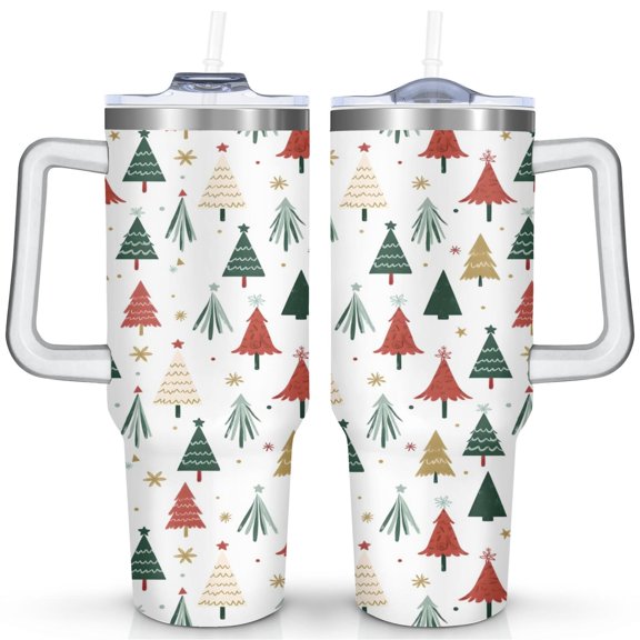 Christmas 40 OZ Coffee Tumble with Handle Rust Resistant Tumbler Cup Christmas Tree Tumbler for Home Office Supplies Cup for Work Travel