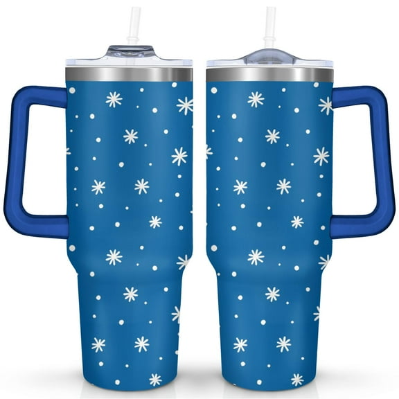 Christmas 40 OZ Travel Mug with Handle Rust Resistant Insulated Coffee Mug Blue, White Snowflakes Tumbler for Spring Summer Tumbler for School Camping