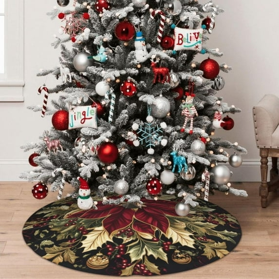 Christmas 48 Inch Christmas Tree Skirt Christmas Holly Flowers Wreath Bell Berries Carpet Mat Funny Party Decor Supplies for Xmas Halloween Decorations Occasion Ornament