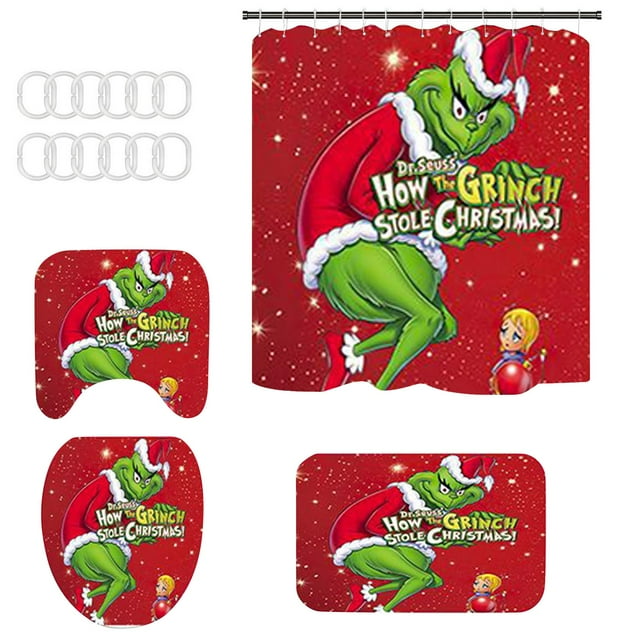 Christmas 4Pcs Shower Curtain Set with NonSlip Mat,Toilet Lid Cover