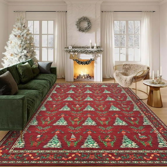 Christmas 5' x 7' Area Rug Washable, Non Slip Low Pile Christmas Tree & Floral Pattern Accent Carpet, Non Shedding Xmas Rugs for Living Room, Bedroom, Dining Room, Home Decor, Red