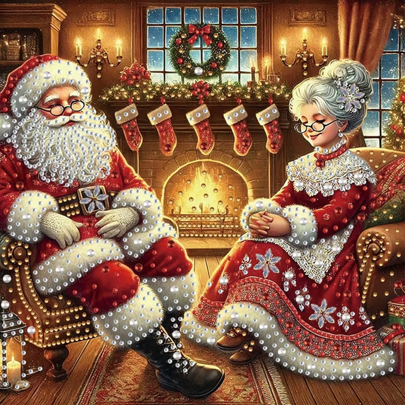 Christmas 5D Diamond Painting Kit, DIY Rhinestone Decorative Art, Santa Claus and Mrs. Claus by Fireplace Scene, Full Drill Embroidery Craft for Holiday Home Wall Decoration Gift