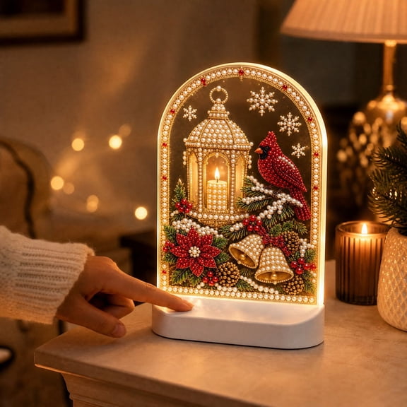 Christmas 5D Pearl Diamond Painting Night Light Kit, Cardinal Lantern DIY Craft with Acrylic Panel and Warm LED Base, Complete Kit