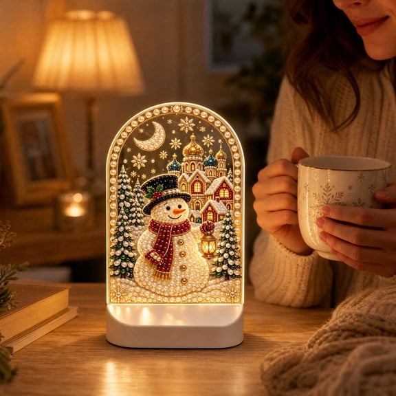 Christmas 5D Pearl Diamond Painting Night Light Kit, Snowman Winter Village DIY Craft with Acrylic Panel and Warm LED Base