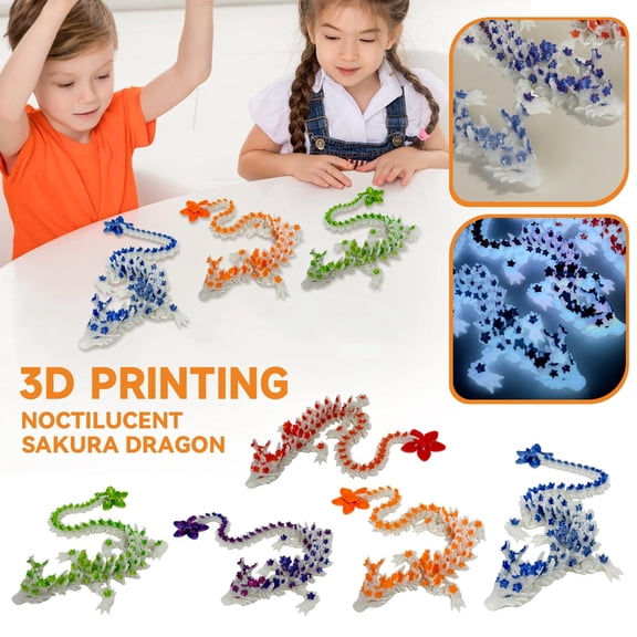Christmas 5Pcs 3D Printed Dragon Flexible Articulated Action Figure Glowing Cherry Blossom Mythical Creature Ornament for Desk Shelf Car Decor Home Office, 11x2x1 Inch