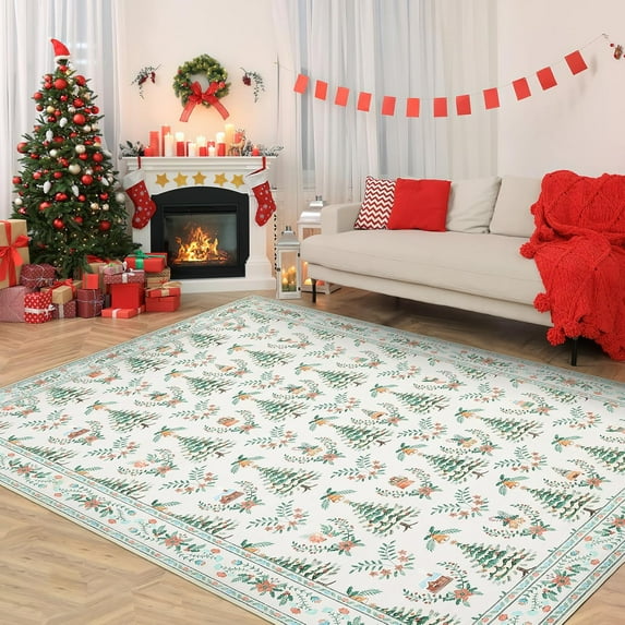 Christmas 6' x 9' Area Rug Washable, Non Slip Low Pile Christmas Tree & Floral Pattern Accent Carpet, Non Shedding Xmas Rugs for Living Room, Bedroom, Dining Room, Home Decor, Beige