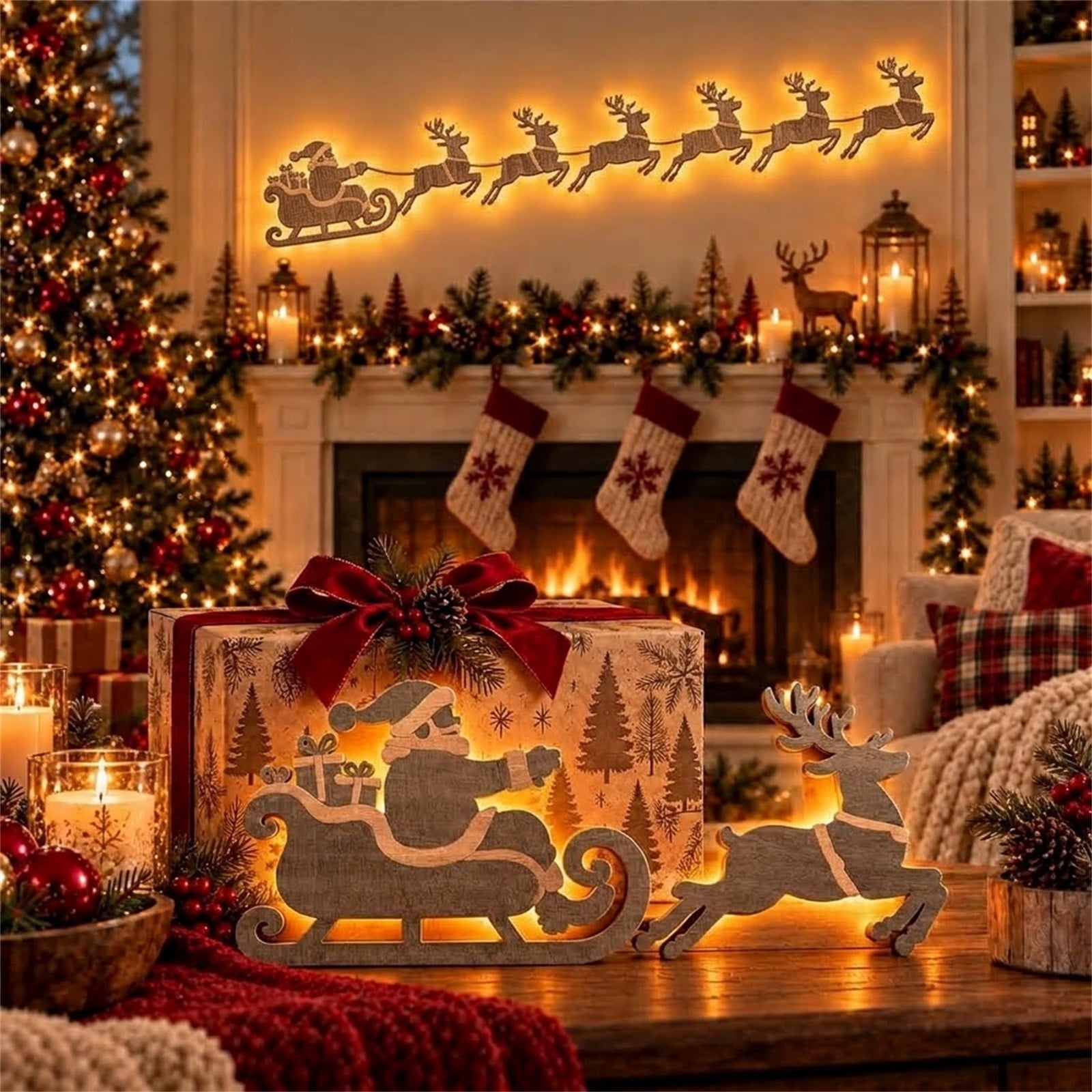 Christmas 7pcs Santa Sleigh and Reindeer Wall Decoration, LED Lighted