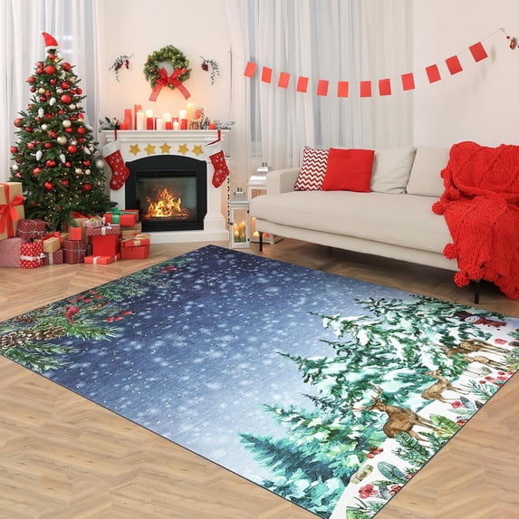 Christmas 8' x 10' Area Rug, Washable Rugs with Non Slip TPR Backing, Snowman & Reindeer Xmas Holiday Carpet, Soft Thin Printed Mat for Living Room, Dining Room