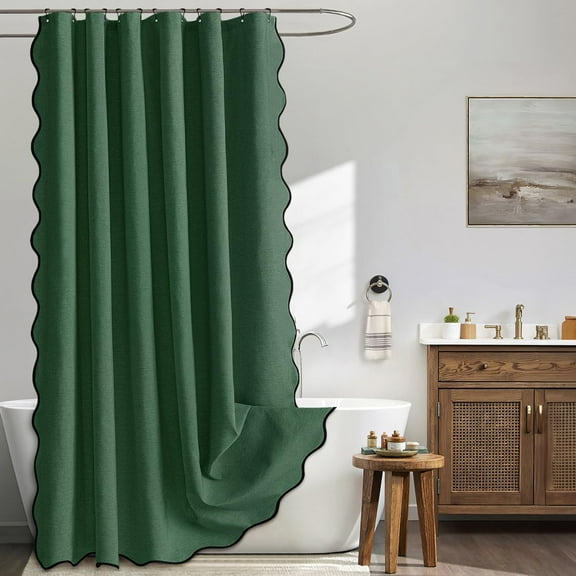 Christmas 84" Long Scalloped Shower Curtain Linen Textured with 12 Metal Hooks Cute Extra Long Heavy Duty Washable Waterproof Cloth Curtains with Black Border for Bathroom Hotel,Dark Green