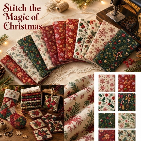 Christmas 8Pc Quilting Squares with Premium 100% Cotton Fabric, Pre-Cut Fat Quarters Featuring Festive Holiday Prints of Snowflakes, Pinecones, Holly & Bells, Versatile Patchwork