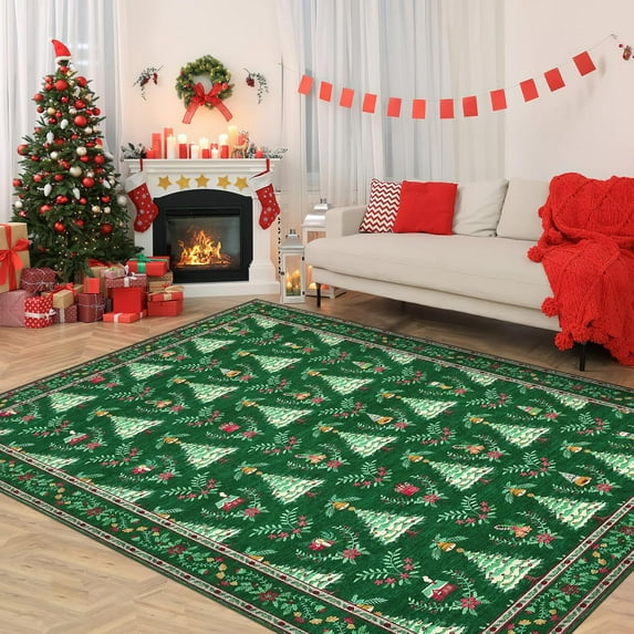 Christmas 9' x 12' Area Rug Washable, Non Slip Low Pile Christmas Tree & Floral Pattern Accent Carpet, Non Shedding Xmas Rugs for Living Room, Bedroom, Dining Room, Home Decor, Green