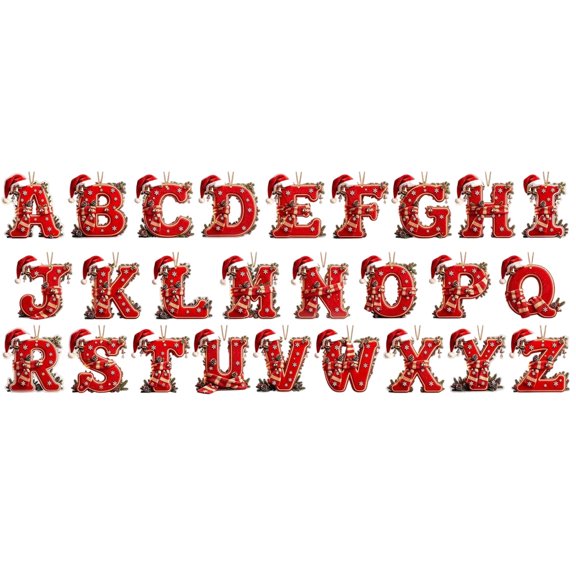 Christmas A to Z Letter Trim Assortment, 26 Unit Acrylic Ornaments with Stringing Eyelet, Flat Printed Hanging Decor for Stair Railing Window