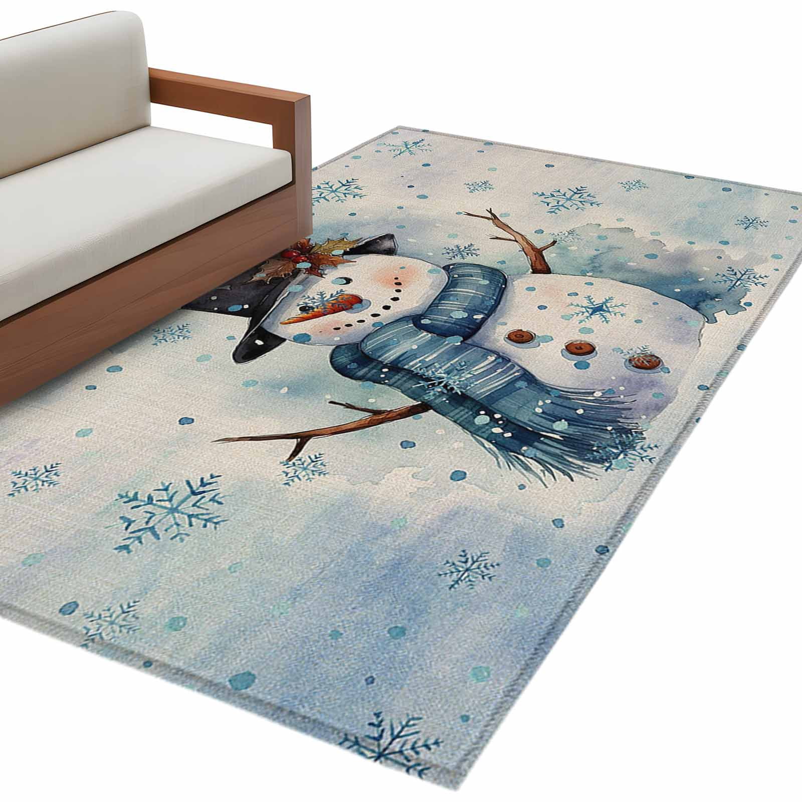 Round Blue Snowflake Rug Christmas Abstract Area Rug 3x5ft Snowman with Snowflakes Ombre Blue ...