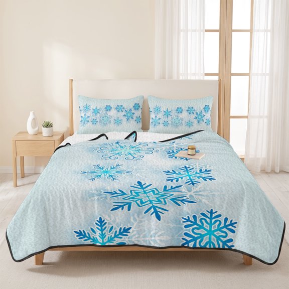 Christmas Abstract Blue Snowflakes 3 Pieces Quilt Set,1 Quilt with 2 Shams,Winter Snow Scene Bedspread Soft Lightweight Bedding Coverlet Comforter Set for All Season 96"x106"