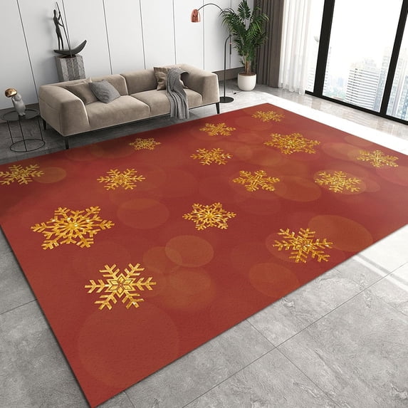 Christmas Abstract Golden Snowflakes Area Rug, Nordic Light Luxury Red Halo Rug, Non Slip Easy Clean Durable Low Pile Festival Carpet For Bedroom Living Room Entryway Hallway Patio 4x6ft
