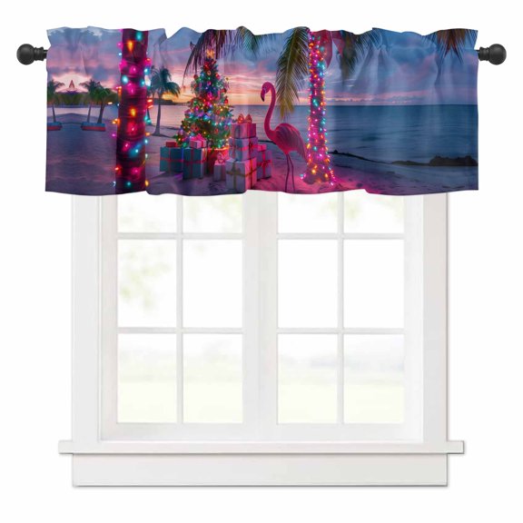 Christmas Abstract Valances for Windows Flamingo Xmas Tree Gifts Pink Beach Rod Pocket Curtain Valance Window Treatment Short Curtains for Kitchen Living Room, 60"x14"