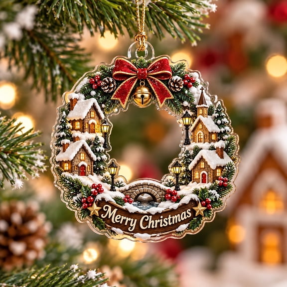 Christmas Acrylic 2D Flat Ornament, Snowy Village Wreath Tree Hanging for Holiday Gift