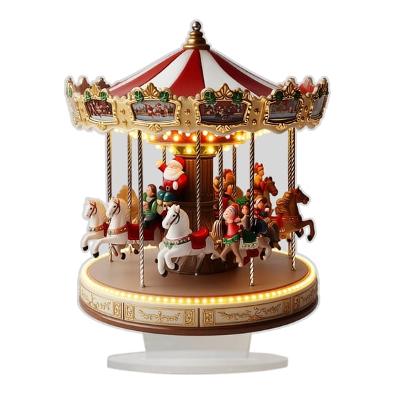 Christmas Acrylic Carousel Sign, Festive Holiday Decorative Prop, 1 Pack, Christmas Party Tabletop Centerpiece, Santa & Horse Themed Desktop Sign for Home, Mantel, Holiday Room Decoration