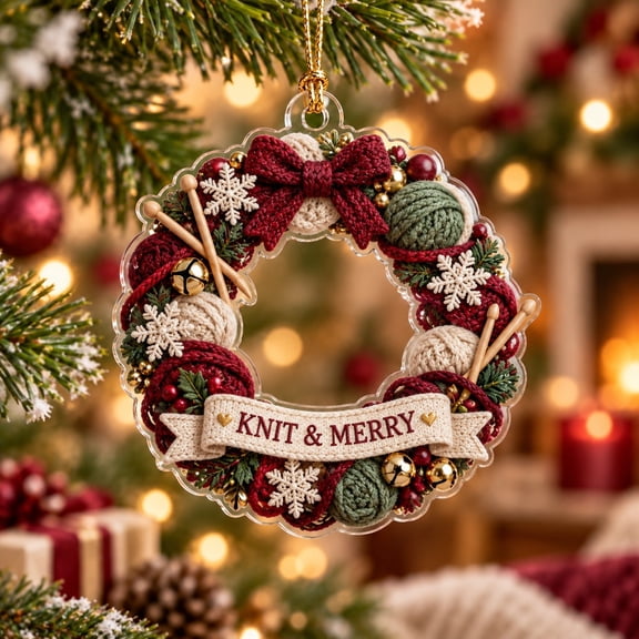 Christmas Acrylic Flat Ornament, Knit and Merry Yarn Wreath Tree Hanging for Knitters