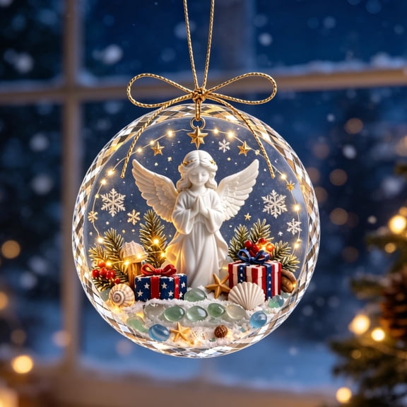 Christmas Acrylic Hanging Ornament 8cm, Lighted Angel Bauble with Sea Shell for Xmas Tree Holiday Decor