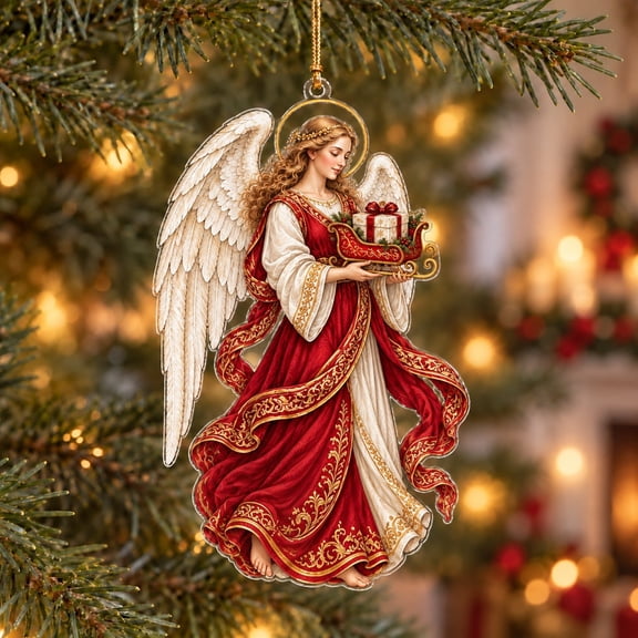 Christmas Acrylic Ornament, Angel with Red Sleigh and Present Tree Hanging, Holiday Gift