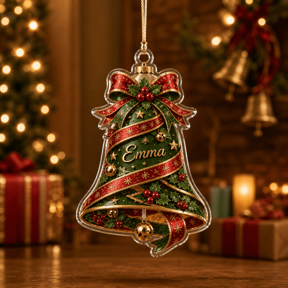 Christmas Acrylic Ornament Bell Ribbon Holiday Keepsake