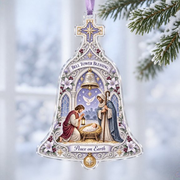 Christmas Acrylic Ornament Bell Tower Nativity Window Hanging for Christian Holiday Gift