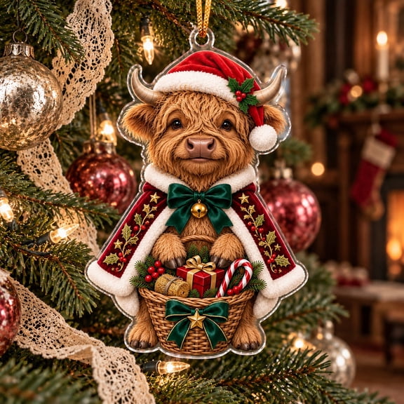 Christmas Acrylic Ornament, Highland Cow in Santa Hat Tree Hanging Gift for Cattle Lovers