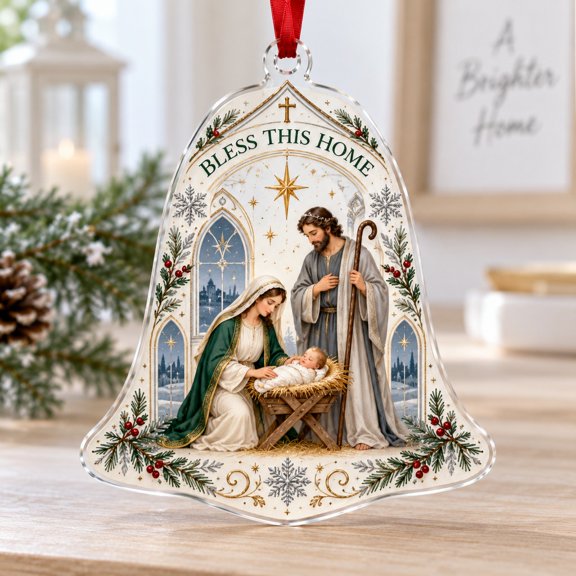 Christmas Acrylic Ornament Nativity Bless This Home Bell Hanging Christian Family Gift