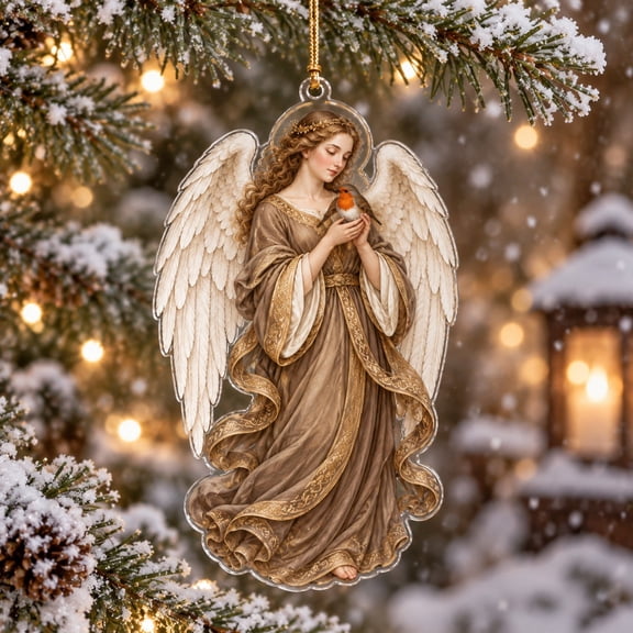 Christmas Acrylic Ornament, Winter Robin Angel Tree Hanging for Bird Lovers