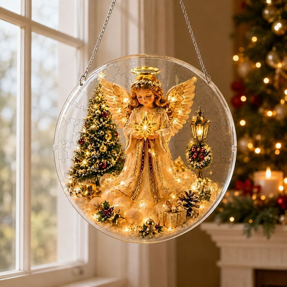Christmas Acrylic Puzzle Suncatcher Hnaging Decorations, 7.48" Dia Round Stained Glass Style Vivid & Clear Print Colorful Light Catcher Decor for Window Xmas Tree Home Holiday Party Fireplace Gift