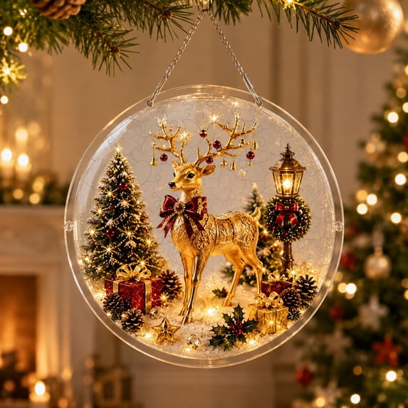 Christmas Acrylic Puzzle Suncatcher Hnaging Decorations, 7.48" Dia Round Stained Glass Style Vivid & Clear Print Colorful Light Catcher Decor for Window Xmas Tree Home Holiday Party Fireplace Gift