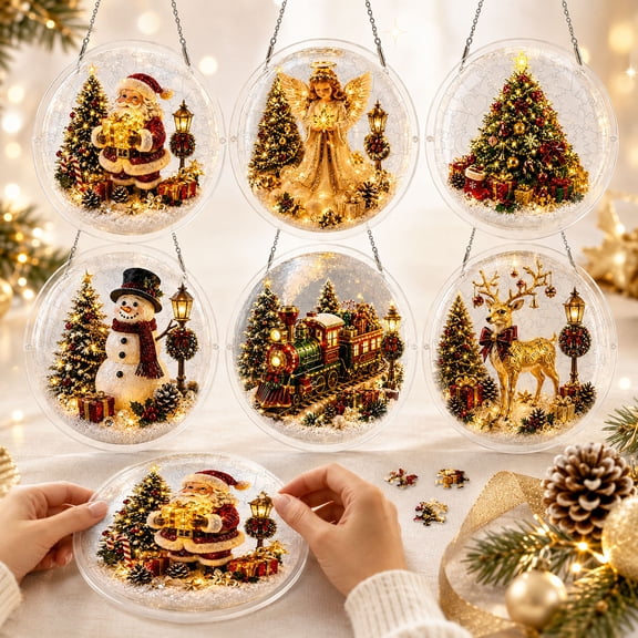 Christmas Acrylic Puzzle Suncatcher Pendant, Santa Claus Festive Scene Hanging Ornament, Round Clear Display Decor for Christmas Tree, Window and Home Decor