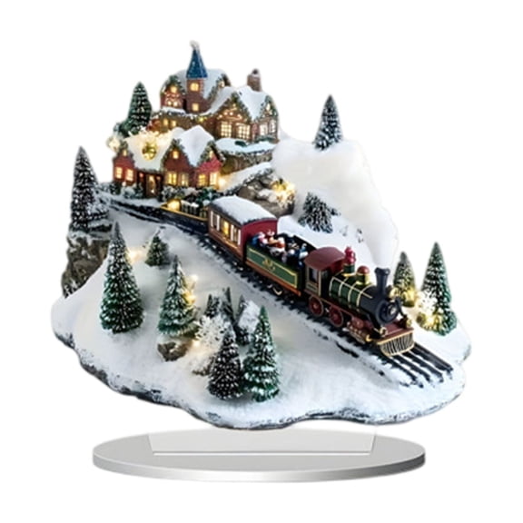 Christmas Acrylic Standee, Small Train Style 2D Carousel Decor, 1 Clear Base and 1 Holiday Figurine Set, Ideal for Home Tabletop Display Christmas Party Decoration Festive Gift for Friends Family