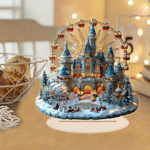 Christmas Acrylic Tabletop Decoration，Snowy Winter Wonderland with House, Ferris Wheel Castle, Magnificent Christmas Village,Holiday Home Decor