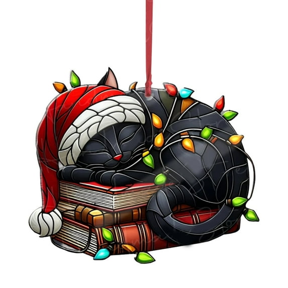 Christmas Adorable Cat in Santa Hat Stained Glass Style Ornament and Decor丨A