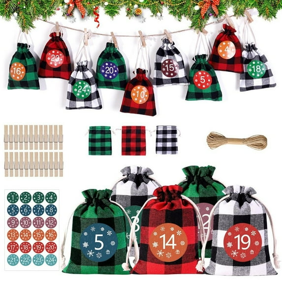 Christmas Advent Bags 24 Days Countdown Calendar Burlap Bags Hanging Candy Gift Bags With Drawstring For Kids And Adults(A)